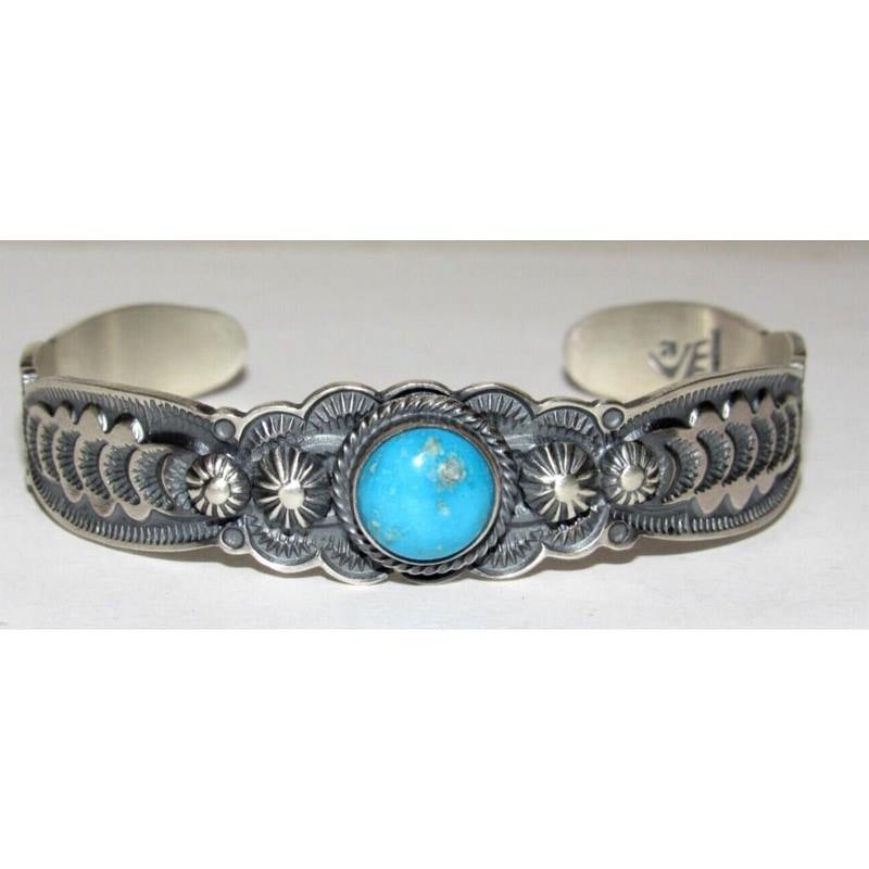 Navajo Blue Royston Turquoise Sterling Stacker Cuff Bracelet Ingot Bennie Ramone (1 of 4)