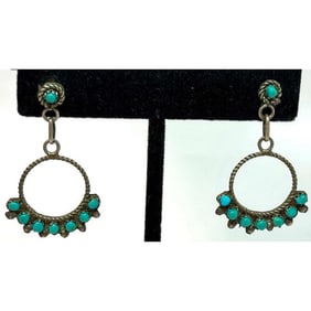 Old Pawn Zuni Snake Eye Turquoise Sterling Silver Dangle Earrings
