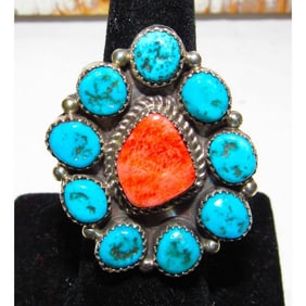 Navajo Cluster Ring Sz 8 Orange Spiny Oyster Kingman Turquoise Sterling Silver