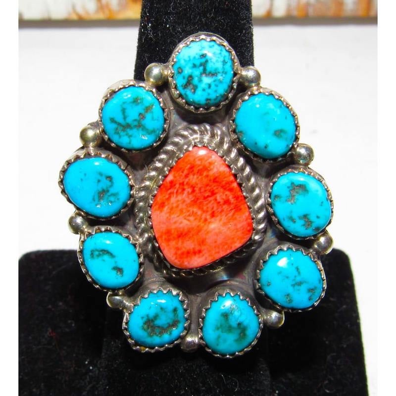 Navajo Cluster Ring Sz 8 Orange Spiny Oyster Kingman Turquoise Sterling Silver (1 of 5)