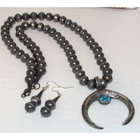 Vintage Navajo Pearls Naja Squash Blossom Necklace & Earrings Set Sterling
