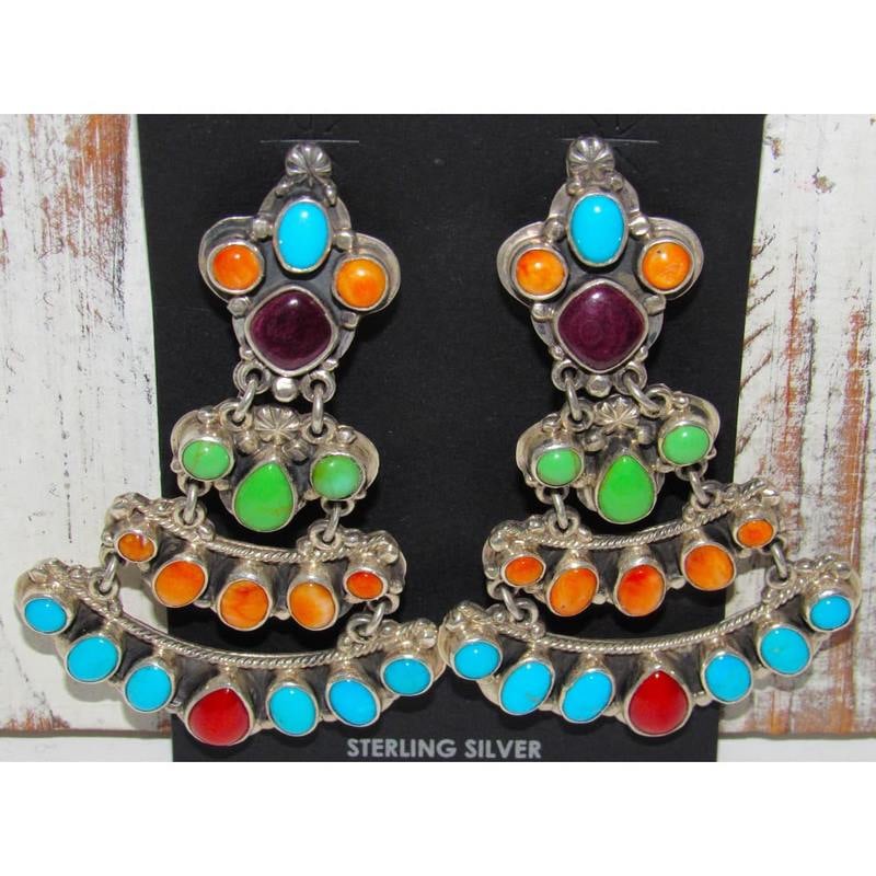 Vintage Navajo Turquoise Dangle Earrings Orange Red Spiny Sterling (1 of 4)