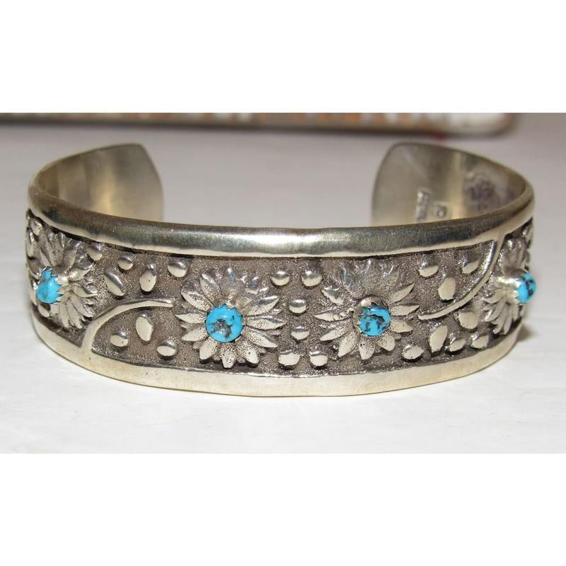 Navajo Turquoise Flower Cuff Bracelet Sterling Silver R. Martinez (1 of 7)