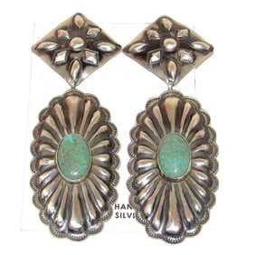 Navajo Statement Concho Earrings Sterling Silver Royston Turquoise 4"L