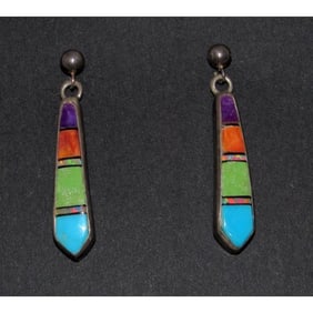 Vintage Zuni Inlay Dangle Earrings Turquoise Spiny Oyster Sterling Silver
