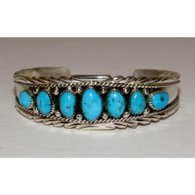 Navajo Kingman Turquoise Cluster Cuff Bracelet A. Chapo Sterling Silver