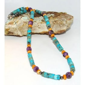 Navajo Rolled Shell Orange Spiny, Amethyst & Turquoise Heishi Choker Necklace