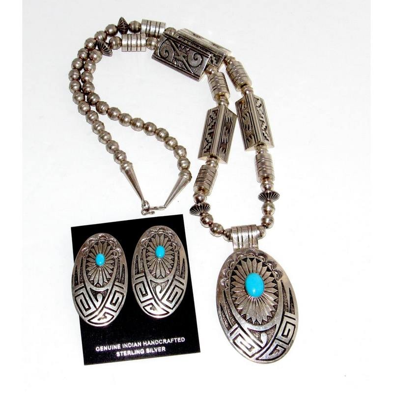 Navajo Pearls Necklace & Earrings Set Sterling Silver Barrel & Saucer Beads RE Wiley (1 of 8)