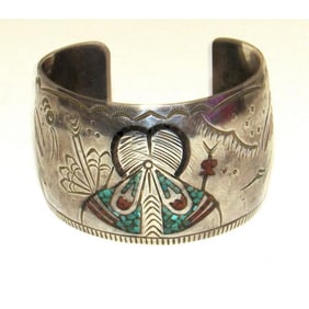 Old Pawn Navajo Gibson Gene Cuff Bracelet Sterling Silver Turquoise Coral