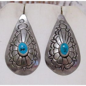 Navajo Turquoise Concho Post Earrings Sterling Silver Ingot Vintage