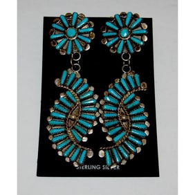 Zuni Petit Point Turquoise Dangle Earrings Sterling V. Byjoe Vintage