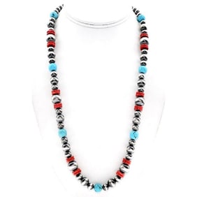Navajo Pearls Necklace Sterling Silver Turquoise Coral Beads Accents 25"L