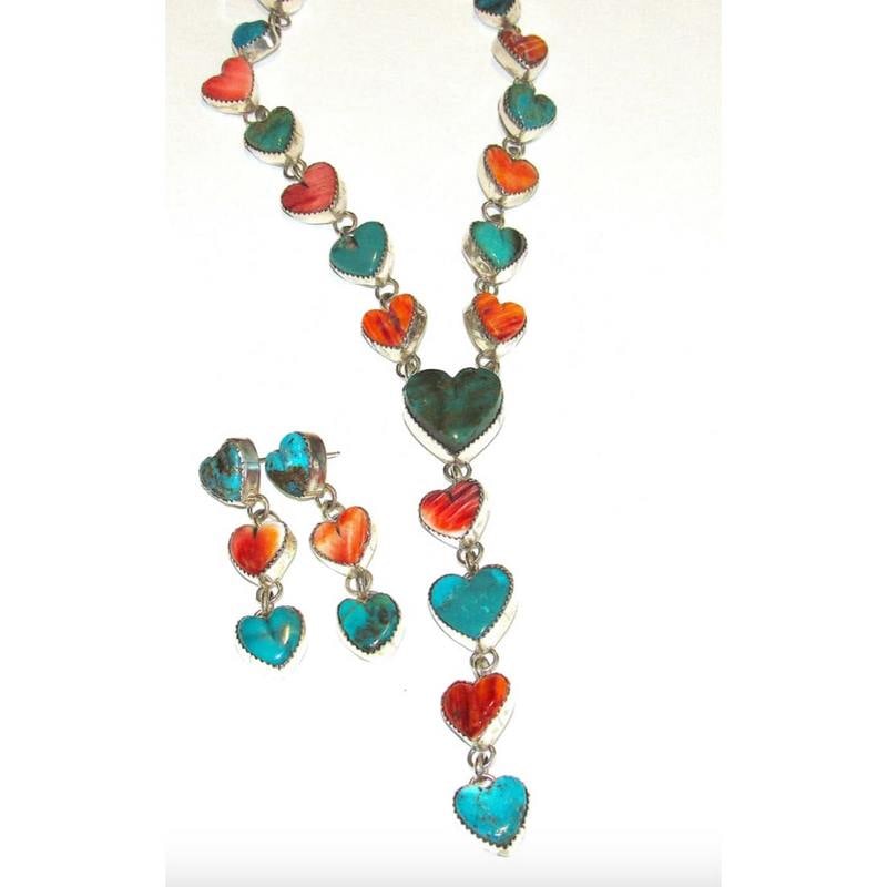 Navajo Turquoise Spiny Heart Lariat Necklace Earrings Set Sterling Silver (1 of 5)