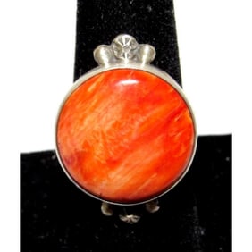 Navajo Orange Spiny Ring Size 6 Sterling Silver Native American S. Skeets