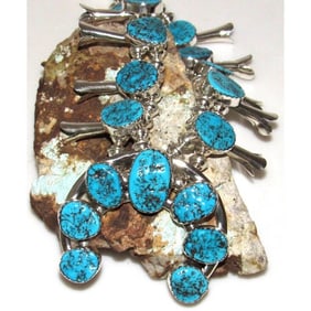 Navajo Squash Blossom Necklace Kingman Turquoise Necklace Sterling Silver