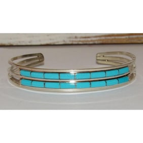 Zuni Turquoise Inlay Stacker Cuff Bracelet Sterling A. Wallace