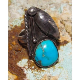 Old Pawn Navajo Turquoise Squash Blossom Ring Size 9 Sterling Silver