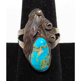 Old Pawn Navajo Turquoise Squash Blossom Ring Size 8 Sterling Silver