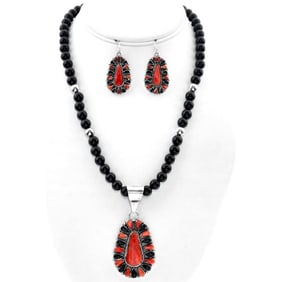 Navajo Red Orange Spiny Onyx Cluster Necklace Earrings Set Signed