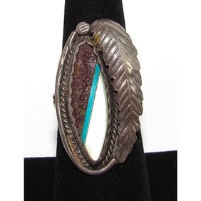 Vintage Navajo Inlay Ring Sz 8 Sterling Turquoise Mother or Pearl