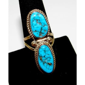 Navajo Kingman Turquoise Statement Ring Sz 8 Sterling Silver Signed