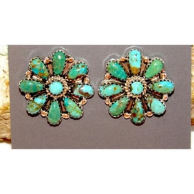 Navajo Turquoise Cluster Earrings Sterling Silver Native American 1"