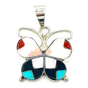 Zuni Inlay Butterfly Pendant Sterling Silver Dishta