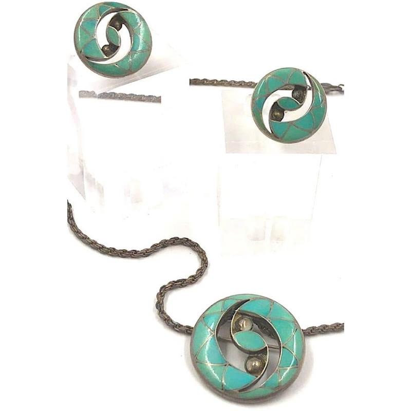 Old Pawn Zuni Turquoise Inlay Pin Brooch & Earrings Set V, Vacit (1 of 5)
