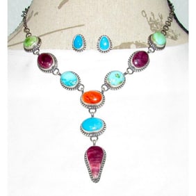 Navajo Turquoise Spiny Oyster Lariat Necklace Earrings Sterling Silver D. Begay