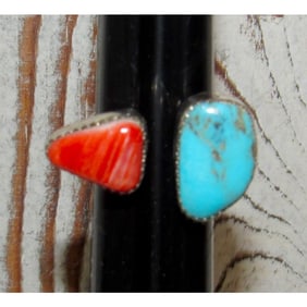 Navajo Turquoise Orange Spiny Ring Sz 7.5 Adjustable Sterling Silver J Long