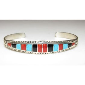 Zuni Inlay Turquoise Coral Bracelet Sterling Native American D. Luna