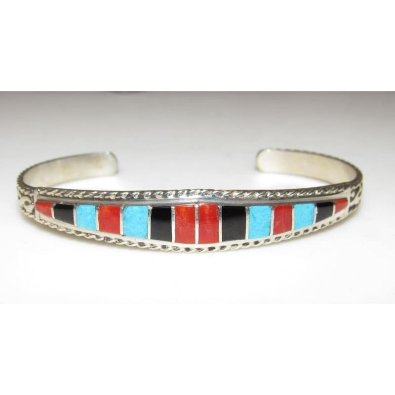 Zuni Inlay Turquoise Coral Bracelet Sterling Native American D. Luna (1 of 5)
