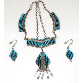 VTG Zuni Turquoise & Sterling Silver Dangle Necklace and Earrings Set