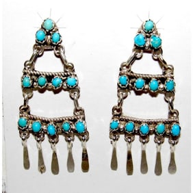 Zuni Turquoise Dangle Earrings Sterling Silver Milburn Dishta Native American