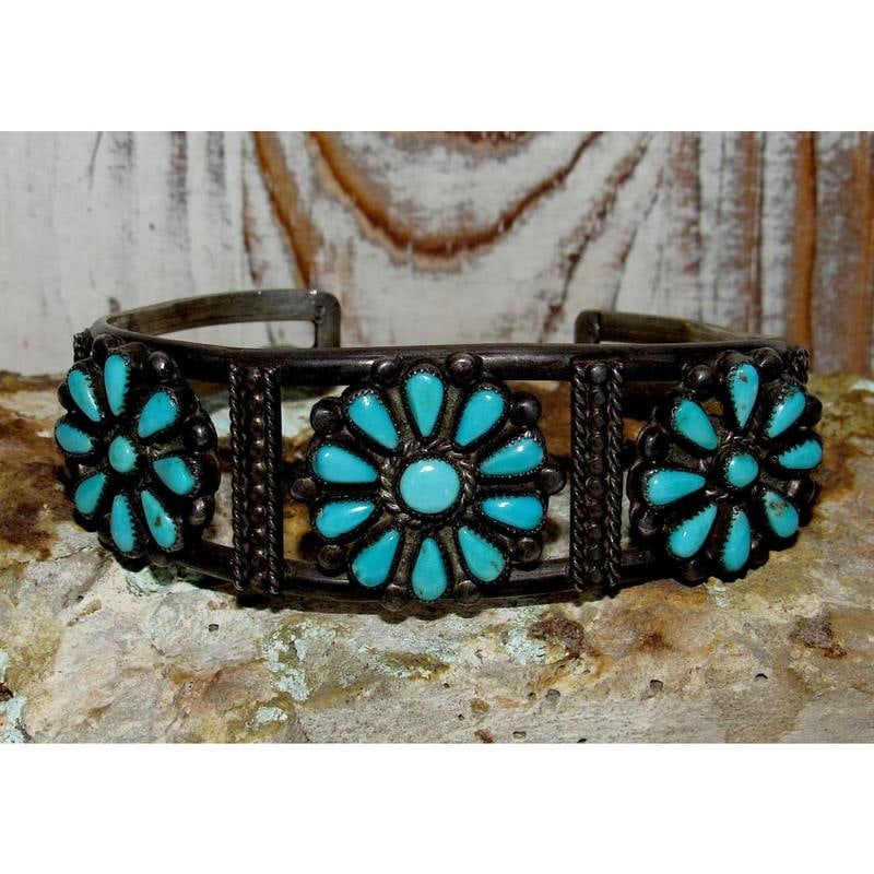 Old Pawn Zuni Turquoise Cluster Cuff Bracelet Turquoise Sterling Silver (1 of 6)