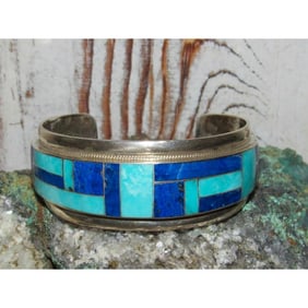 Massive Navajo Turquoise Lapis Inlay Cuff Bracelet Sterling Silver R. Brown