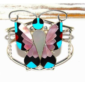 Massive Zuni Inlay Butterfly Cuff Bracelet Sterling Silver Alison Dishta