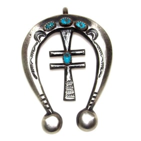 Navajo Sterling Pueblo Cross Turquoise Naja Pendant By Victor Cayatineto