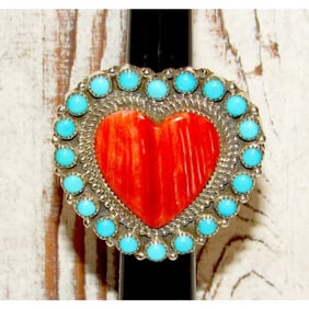 Massive Navajo Cluster Heart Ring Red Spiny & Turquoise Sterling Size 8 Adjustable