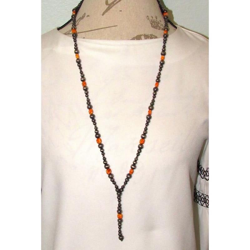 Long Navajo Pearls Necklace Sterling Silver Spiny Oyster Beads 37"L Becenti: Stunning Native American sterling silver & orange spiny beads Navajo pearls lariat necklace by the Navajo artist L. Becenti. Hand-strung on a sturdy foxtail chain. Graduated sterling bead design with