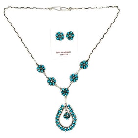 Zuni Turquoise Cluster Necklace Earrings Set Sterling Silver Sleeping Beauty