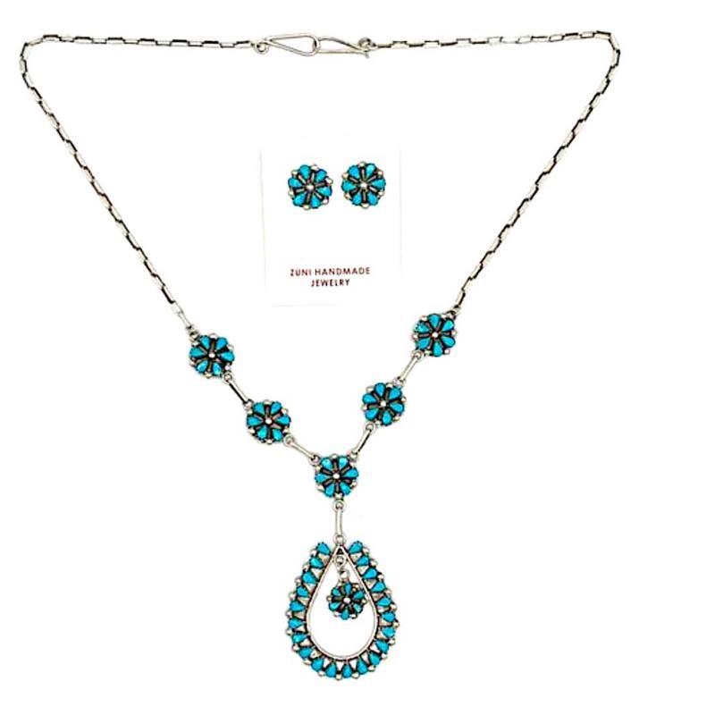 Zuni Turquoise Cluster Necklace Earrings Set Sterling Silver Sleeping Beauty (1 of 3)
