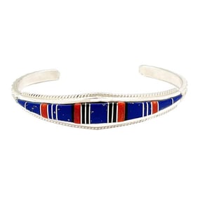 Zuni Inlay Lapis Coral Bracelet Sterling Native American D. Luna