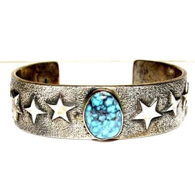 Navajo Kingman Turquoise Tufa Cast Sterling Stars Bracelet 7" Kevin Yazzie