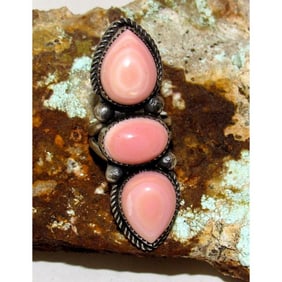 Navajo Pink Conch Cluster Ring Size 8 Adjustable Sterling Silver T. Long