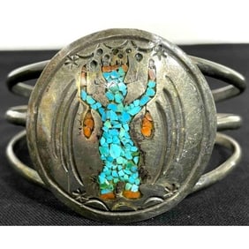 Vintage Navajo Turquoise Coral Kachina Bracelet Sterling Silver Cuff