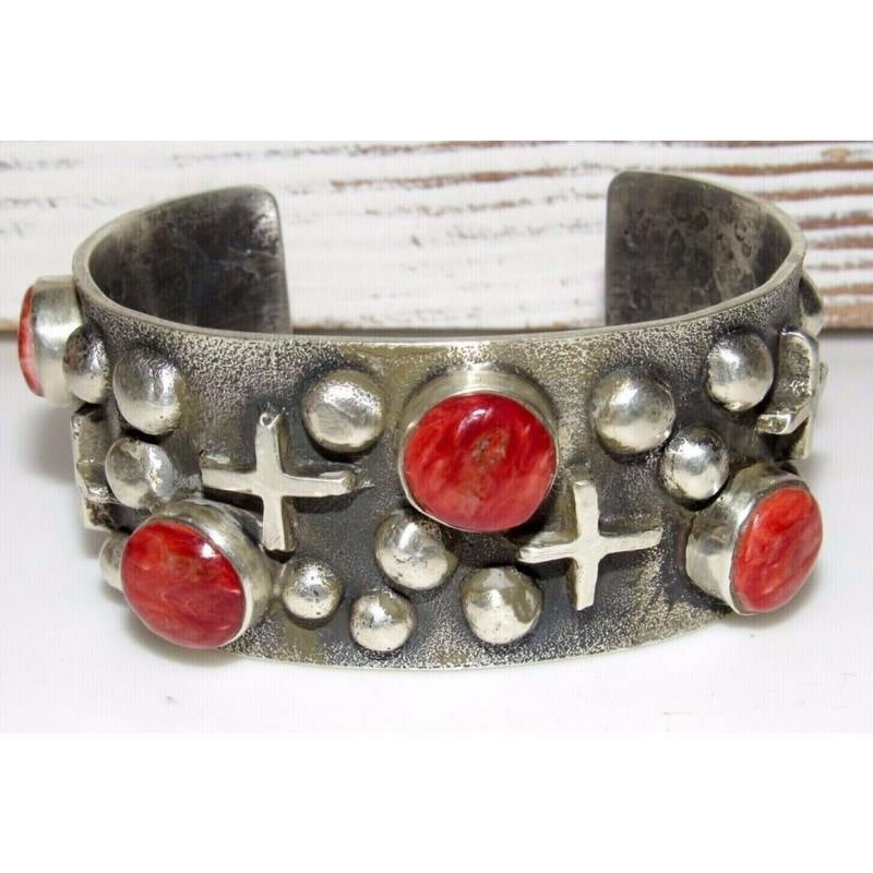 Navajo Bracelet Tufa Cast Sterling Silver Red Spiny Oyster L James 85G (1 of 6)