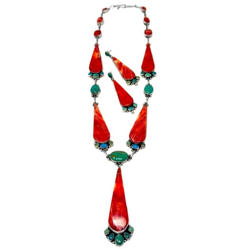 Navajo Turquoise Red Spiny Lariat Necklace Earrings Set Vernon Clarissa Hale