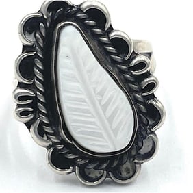 Zuni Carved Mother of Pearl Leaf Ring Size 7 Sterling Jack Weekoty