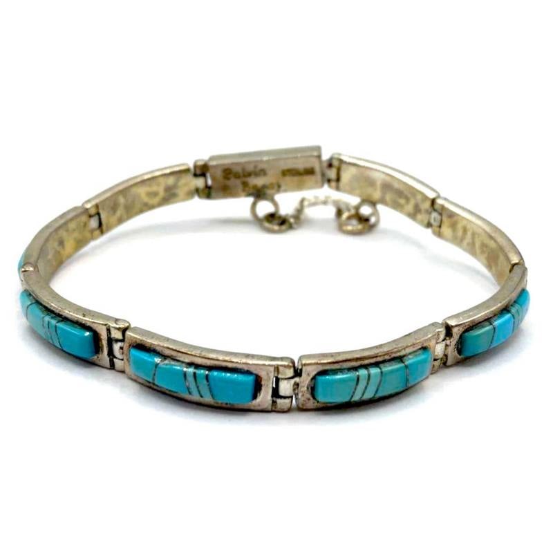 Navajo Turquoise Inlay Link Bracelet Sterling Silver Calvin Begay (1 of 3)